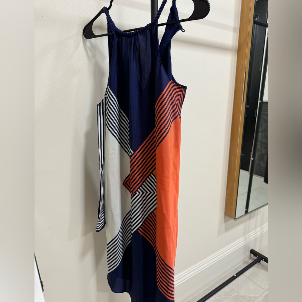 RACHEL ROY Blue/Orange Halter Braided Strap Handkerchief Hem Dress Size S